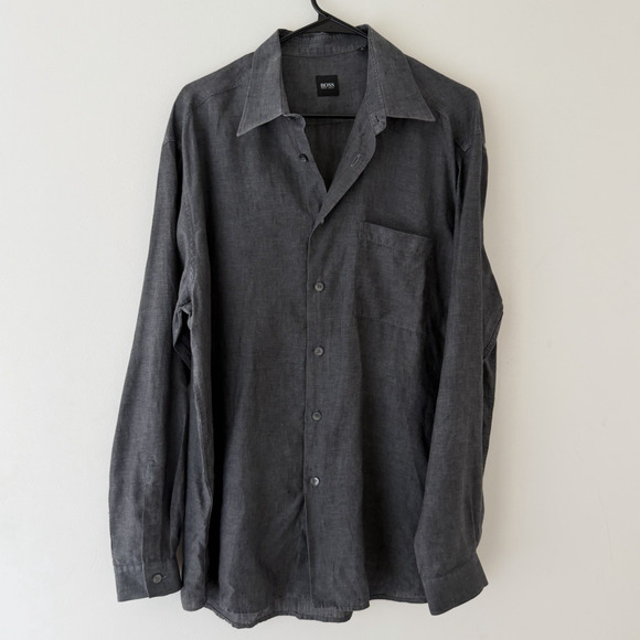 Charcoal Linen Button Up Shirt Mens Long Sleeve Minimalist Lightweight Medium - Picture 1 of 6